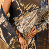 Silver Blue Floral Jaal Kanjivaram Tissue Saree With Blue Border