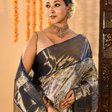 Silver Blue Floral Jaal Kanjivaram Tissue Saree With Blue Border