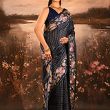 Navy Blue Checkered With Multicolor Floral Motif Border Designer Saree