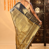 Silver Blue Floral Jaal Kanjivaram Tissue Saree With Blue Border