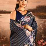 Navy Blue Checkered With Multicolor Floral Motif Border Designer Saree