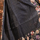 Navy Blue Checkered With Multicolor Floral Motif Border Designer Saree