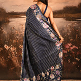 Navy Blue Checkered With Multicolor Floral Motif Border Designer Saree