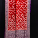 Red Banarasi Silk Saree With Gold Floral Weave & Purple Contrast Pallu