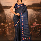 Navy With Stripes And Embroidery Floral Border Designer Saree