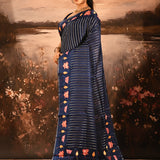 Navy With Stripes And Embroidery Floral Border Designer Saree