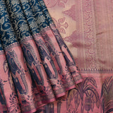 Teal Blue And Pink Silver Zari Elephant Shikargah Pure Silk Kanjivaram Saree With Contrast Pink Pallu
