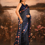 Navy With Stripes And Embroidery Floral Border Designer Saree