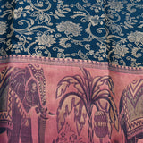 Teal Blue And Pink Silver Zari Elephant Shikargah Pure Silk Kanjivaram Saree With Contrast Pink Pallu