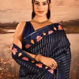 Navy With Stripes And Embroidery Floral Border Designer Saree
