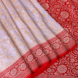 White Banarasi Silk Saree With Gold Floral Weave & Red Contrast Border