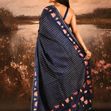 Navy With Stripes And Embroidery Floral Border Designer Saree