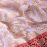 White Banarasi Silk Saree With Gold Floral Weave & Red Contrast Border