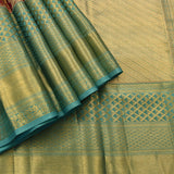 Red And Teal Gold Zari Geometric Jaal Pure Silk Kanjivaram Saree With Contrast Teal Pallu