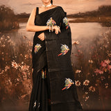 Black Checkered With Scattered Parrot Motif Designer Saree