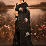 Black Checkered With Scattered Parrot Motif Designer Saree