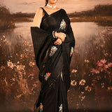 Black Checkered With Scattered Parrot Motif Designer Saree