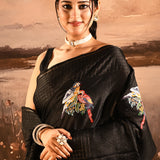 Black Checkered With Scattered Parrot Motif Designer Saree