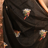 Black Checkered With Scattered Parrot Motif Designer Saree