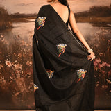 Black Checkered With Scattered Parrot Motif Designer Saree