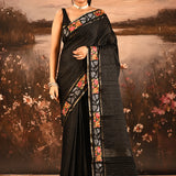 Jet Black Dotted Weave With Rose And Leaf Motif Border Designer Saree