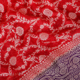 Red Banarasi Silk Saree With Gold Floral Weave & Purple Contrast Pallu