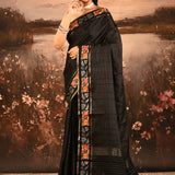 Jet Black Dotted Weave With Rose And Leaf Motif Border Designer Saree
