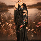 Jet Black Dotted Weave With Rose And Leaf Motif Border Designer Saree