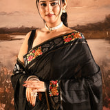 Jet Black Dotted Weave With Rose And Leaf Motif Border Designer Saree