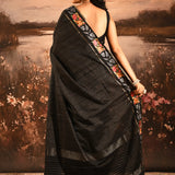 Jet Black Dotted Weave With Rose And Leaf Motif Border Designer Saree