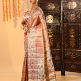 Coral Orange Floral Brocade Tissue Kanjivaram Silk Saree