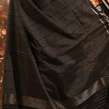 Jet Black Dotted Weave With Rose And Leaf Motif Border Designer Saree