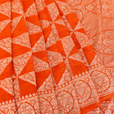 Orange Banarasi Silk Saree With All-Over Gold Zari Geometric Floral Weave