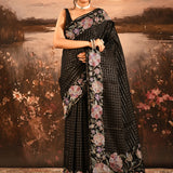 Black Checkered With Multicolor Floral Motif Border Designer Saree