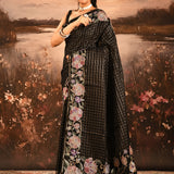 Black Checkered With Multicolor Floral Motif Border Designer Saree