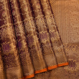 Deep Purple Gold Zari Meenakari Lotus Butti Pure Silk Kanjivaram Saree With Contrast Orange Border