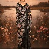 Black Checkered With Multicolor Floral Motif Border Designer Saree