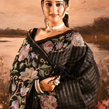 Black Checkered With Multicolor Floral Motif Border Designer Saree