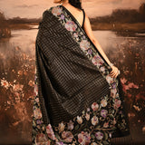 Black Checkered With Multicolor Floral Motif Border Designer Saree
