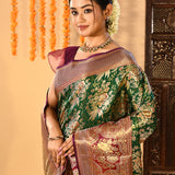 Forest Green Floral Jaal All Over Kanjivaram Tissue Silk Saree