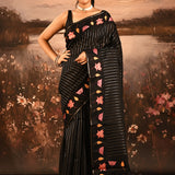 Black With Fine Stripes And Embroidered Floral Pallu Designer Saree