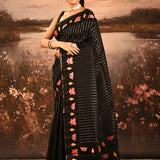 Black With Fine Stripes And Embroidered Floral Pallu Designer Saree