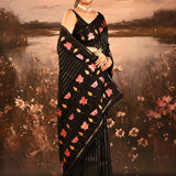 Black With Fine Stripes And Embroidered Floral Pallu Designer Saree