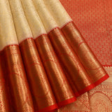 Exquisite Beige And Red Kanjivaram Silk Saree With Gold Zari Jaal