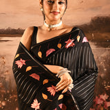 Black With Fine Stripes And Embroidered Floral Pallu Designer Saree
