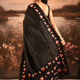 Black With Fine Stripes And Embroidered Floral Pallu Designer Saree