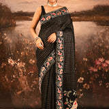Black With Checks And Vibrant Bird Motif Embroidered Border Designer Saree