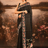 Black With Checks And Vibrant Bird Motif Embroidered Border Designer Saree