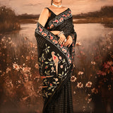 Black With Checks And Vibrant Bird Motif Embroidered Border Designer Saree
