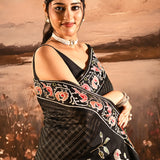 Black With Checks And Vibrant Bird Motif Embroidered Border Designer Saree